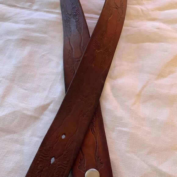 Vintage Hand Tooled Brown Leather Belt Size Large Full Grain Cowhide USA No Loop - Picture 11 of 13